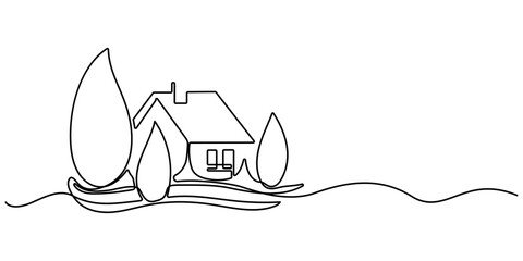 Single continuous line drawing green eco modest house at village. Continuous one line drawing art. Home building construction isolated minimalism concept. Editable outline