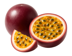 Whole passion fruit, half, and slice arranged together.