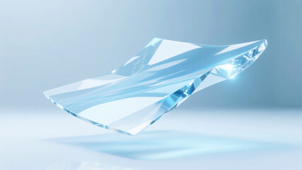 Transparent crystalline object floating against a soft blue background