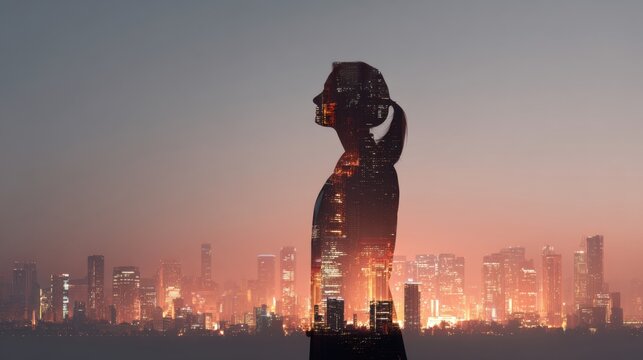 woman city lights silhouette dreamscape - Powered by Adobe