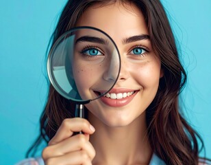 woman looking through magnifying glass Woman with Magnifying Glass on a Blue Background