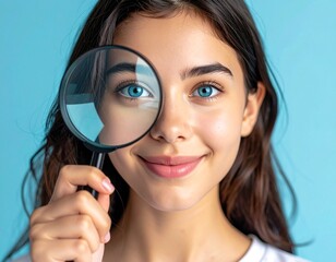 woman looking through magnifying glass Woman with Magnifying Glass on a Blue Background