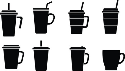 Coffee cup icons, tea mug silhouettes, takeaway cup vector, drink container illustration, reusable coffee cup graphic, beverage design elements, minimal style