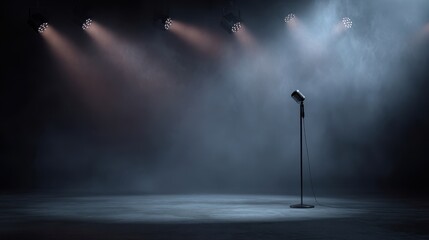 The microphone standing alone under dramatic lights in a smoky stage setting.