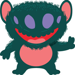 A cartoon monster with three purple eyes and a wide red smile
