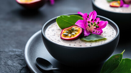chia pudding with dragon fruit, passion fruit, and edible flowers, artistic tropical food styling, vibrant colors, hig