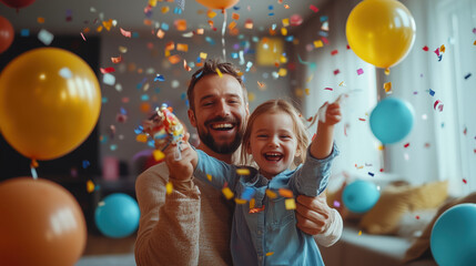 family decorating living room with balloons and streamers for New Year celebration, cheerful mood