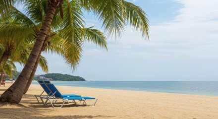 empty blue lounge chairs on sandy beach under palm trees. tranquil ocean view on sunny day. tropical vacation and summer rest concept. travel banner, website background.