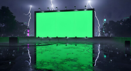 A large green screen billboard stands in a city park during a dramatic nighttime thunderstorm with lightning.