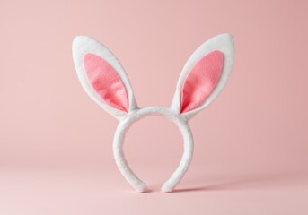 A simple white headband with pink bunny ears sits against a soft, pastel pink backdrop.