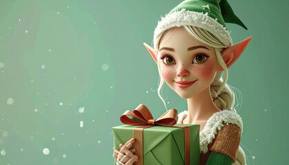 3D render of cheerful elf carrying oversized present with ribbon bow, pastel green background, perfect for Christmas cards, holiday ads, and festive seasonal illustrations