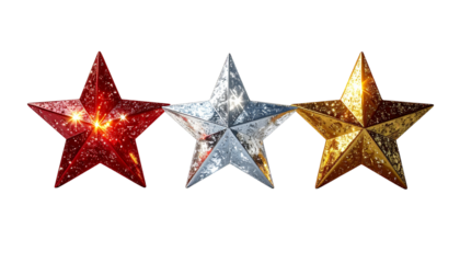 Sparkling Christmas Star Trio in Festive Styles, isolated on transparent background