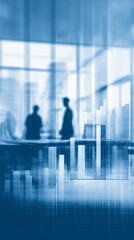 A stylized depiction of a business meeting with abstract blue tones showcasing a financial growth chart, highlighting teamwork, strategic planning, and economic progress, all set within a