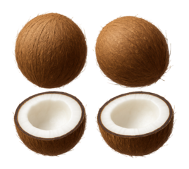 Whole and halved coconuts grouped together.