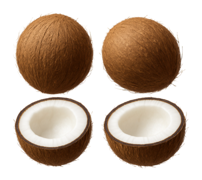 Whole and halved coconuts grouped together.