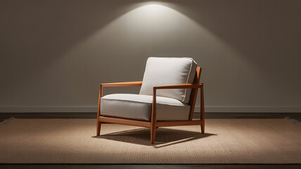 Comfortable armchair bathed in warm spotlight, creating a cozy and inviting atmosphere