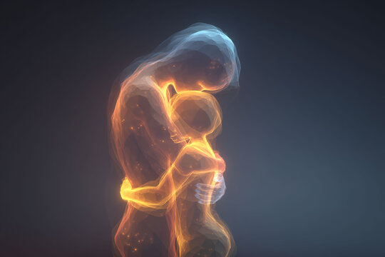 Glowing abstract human figure hugging inner child silhouette symbolizing therapy self love and inner healing surreal conceptual design clean background no text