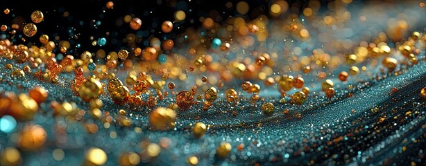 Golden particle flow across abstract futuristic wave surface, shimmering luxury background for science, blockchain, digital transformation, and elegant corporate technology visual storytelling