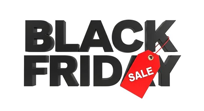 A striking black friday sale advertisement isolated on white background, featuring bold black lettering and a vibrant red sale tag, perfect for promoting discounts and attracting shoppers