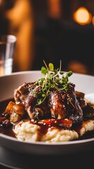 Savory dish of braised meat with mashed potatoes and sauce  