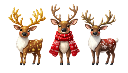  Christmas Reindeer Collection with Three Unique Designs, isolated on transparent background