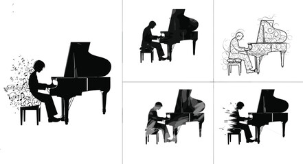Grand piano illustrations, artistic piano players, abstract music art, creative pianist designs, decorative piano silhouette, expressive musical artwork, modern piano concept