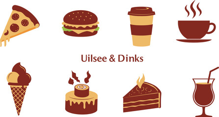 Food and drink icons, pizza slice, hamburger, coffee cup, dessert illustration, cake roll, ice cream, tropical beverage, colorful vector set