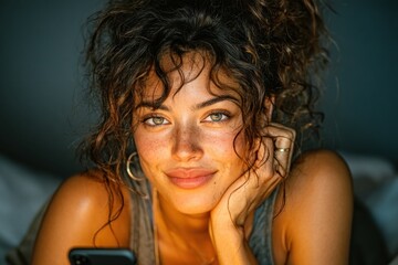 Smiling woman with curly hair looking at camera indoors