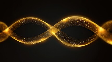 Golden infinity loop abstract background, glowing energy flow in luxury golden particles, futuristic DNA wave design for technology, science, wellness, and spiritual balance