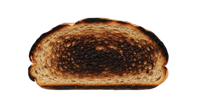 Artistic close-up of burnt toast reveals interesting textures and dark coloration against black