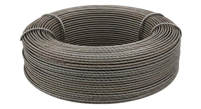 Coiled steel cable is tightly wound, showcasing industrial texture and robust strength on black.