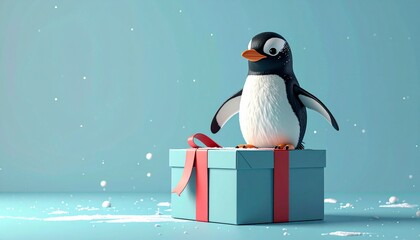 3D render of adorable penguin standing on large festive gift box, pastel blue background, perfect for holiday ads, Christmas cards, and seasonal cheerful illustration projects.