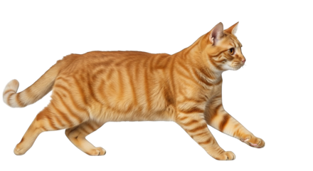 Striking orange tabby cat walks gracefully with beautiful striped fur on a black background.
