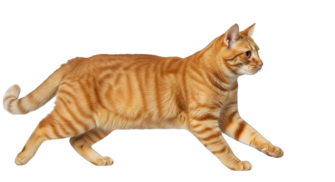 Striking orange tabby cat walks gracefully with beautiful striped fur on a black background.