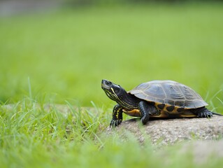 Obraz premium photograph of a Japanese pond turtle resting calmly on a natural stone surface surrounded by soft grass.
