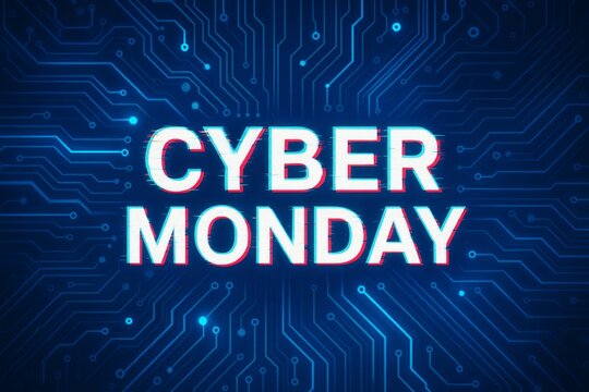 Bold cyber monday sale text with glitch effect on digital circuit background, ideal for online shopping and tech promotions.