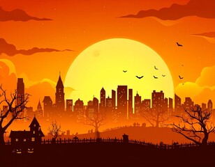 Spooky Halloween Cityscape with a Haunted House and a Full Moon and bzts