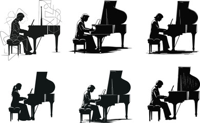 Grand piano players in artistic black and white illustrations, abstract and realistic styles, seated musicians, creative poses, music performance conceptPrint