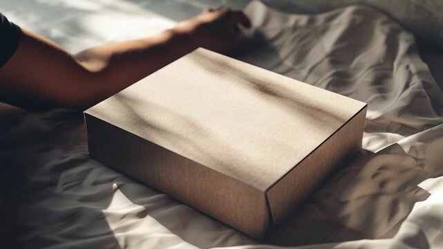 A brown box sits on a bed covered with a sheet, perfect for use as a prop or set design