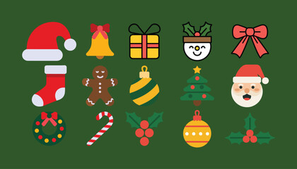 Collection of flat design Christmas icons on green background holiday celebration