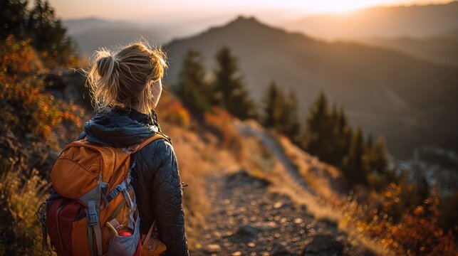 climbing. Solo hiker on mountain trail during golden hour, with blurred mountain backdrop. tourism brochures, itinerary planners, designed for hospitality marketing for hotel rooms and spa retreats.