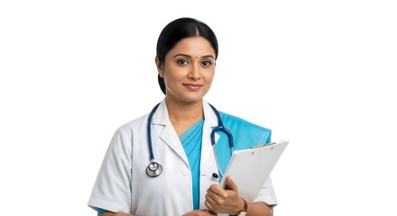 Fototapeta premium Portrait of a smiling female doctor in a white coat holding a clipboard against white background