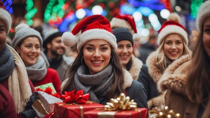 People in Santa hats holding Christmas gifts outdoors