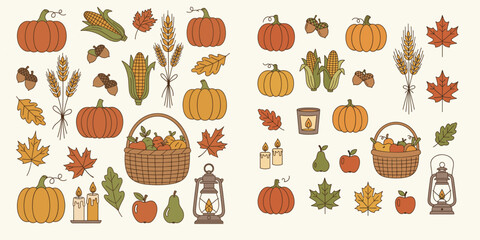 Flat minimalist doodle vector of harvest and autumn festival elements with earthy muted tones. Perfect for seasonal posters, greeting cards, packaging, and digital clipart.