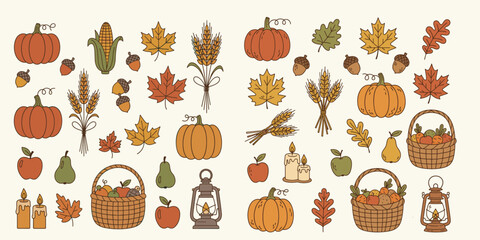 Flat minimalist doodle vector of harvest and autumn festival elements with earthy muted tones. Perfect for seasonal posters, greeting cards, packaging, and digital clipart.