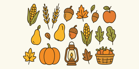 Flat minimalist doodle vector of harvest and autumn festival elements with earthy muted tones. Perfect for seasonal posters, greeting cards, packaging, and digital clipart.