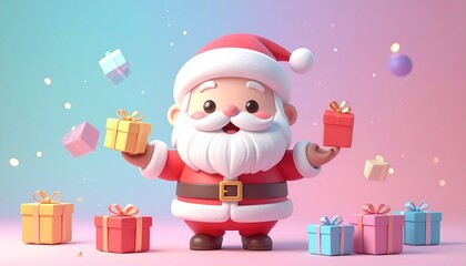 Cute 3D render of kawaii Santa Claus juggling small colorful gift boxes, pastel background with copy space, great for holiday campaigns, festive cards, and Christmas design.