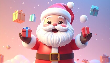Cute 3D render of kawaii Santa Claus juggling small colorful gift boxes, pastel background with copy space, great for holiday campaigns, festive cards, and Christmas design.