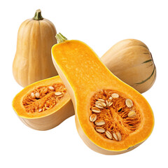 Fresh Butternut Squash Whole and Cut in Half with Seeds Isolated on White Background &ndash; High Resolution Photo