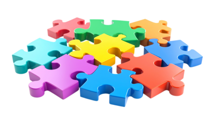 Colorful puzzles show connection on transparent. Use for branding, web design, presentation.